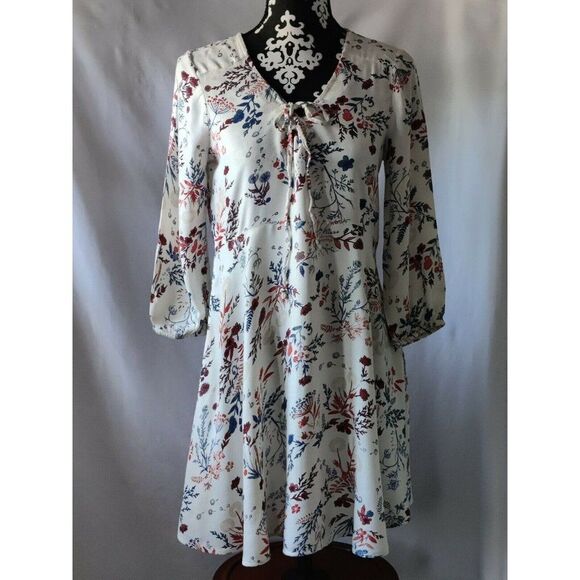 Mudd Womens Floral Quarter‎ 3/4 Sleeve Dress Tie V-Neck White Size Small - Picture 1 of 10